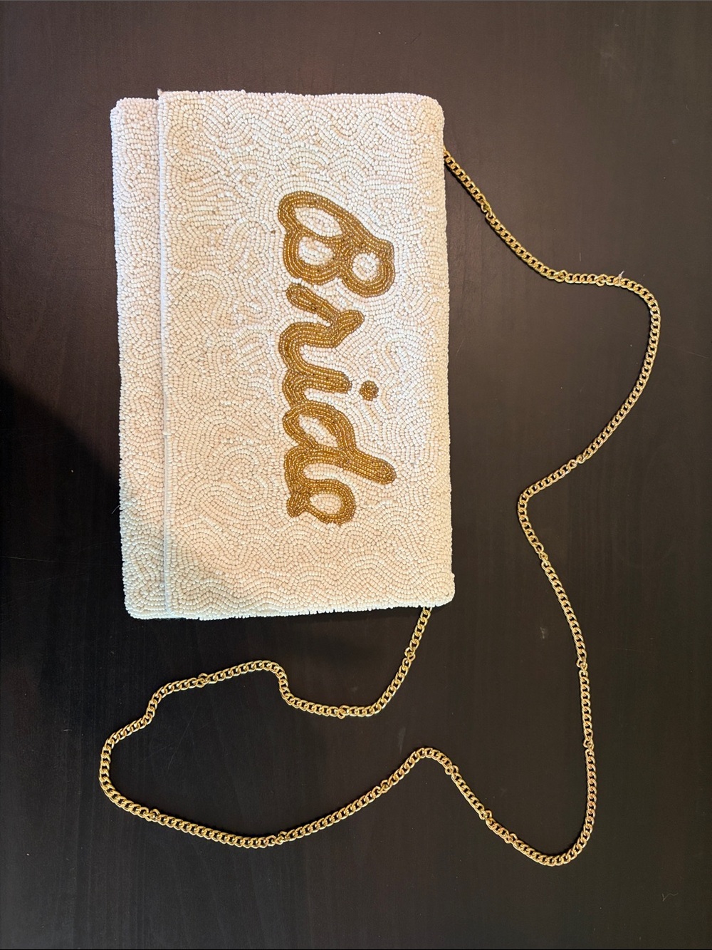Bride Beaded White Clutch with Gold Script and Chain